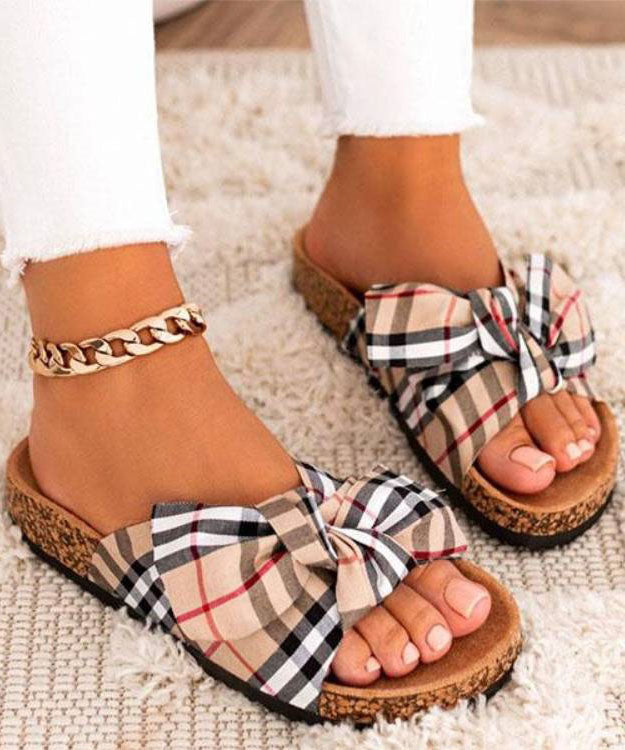 Casual Khaki Beach Slide Sandals Splicing Bow Canvas