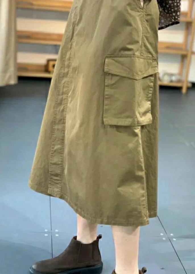 Casual Khaki Button Pockets Patchwork Cotton Skirt Fall