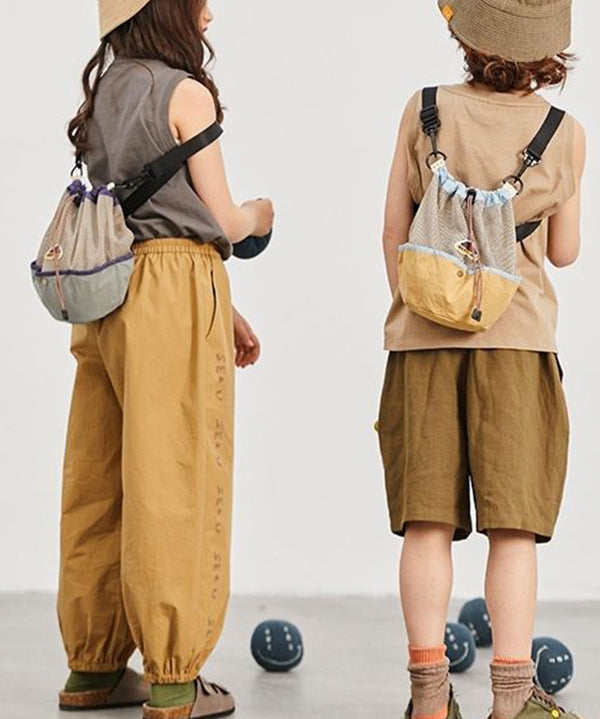 Casual Khaki Drawstring Breathable Mesh CrossBody Backpack Bag