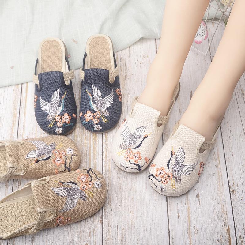 Casual Khaki Embroidered Linen Fabric Slippers Shoes