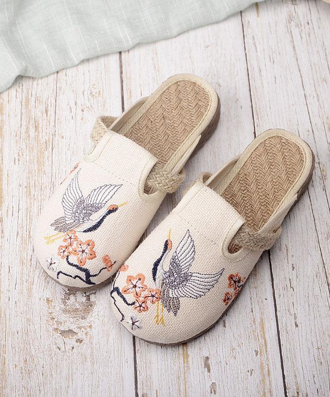 Casual Khaki Embroidered Linen Fabric Slippers Shoes
