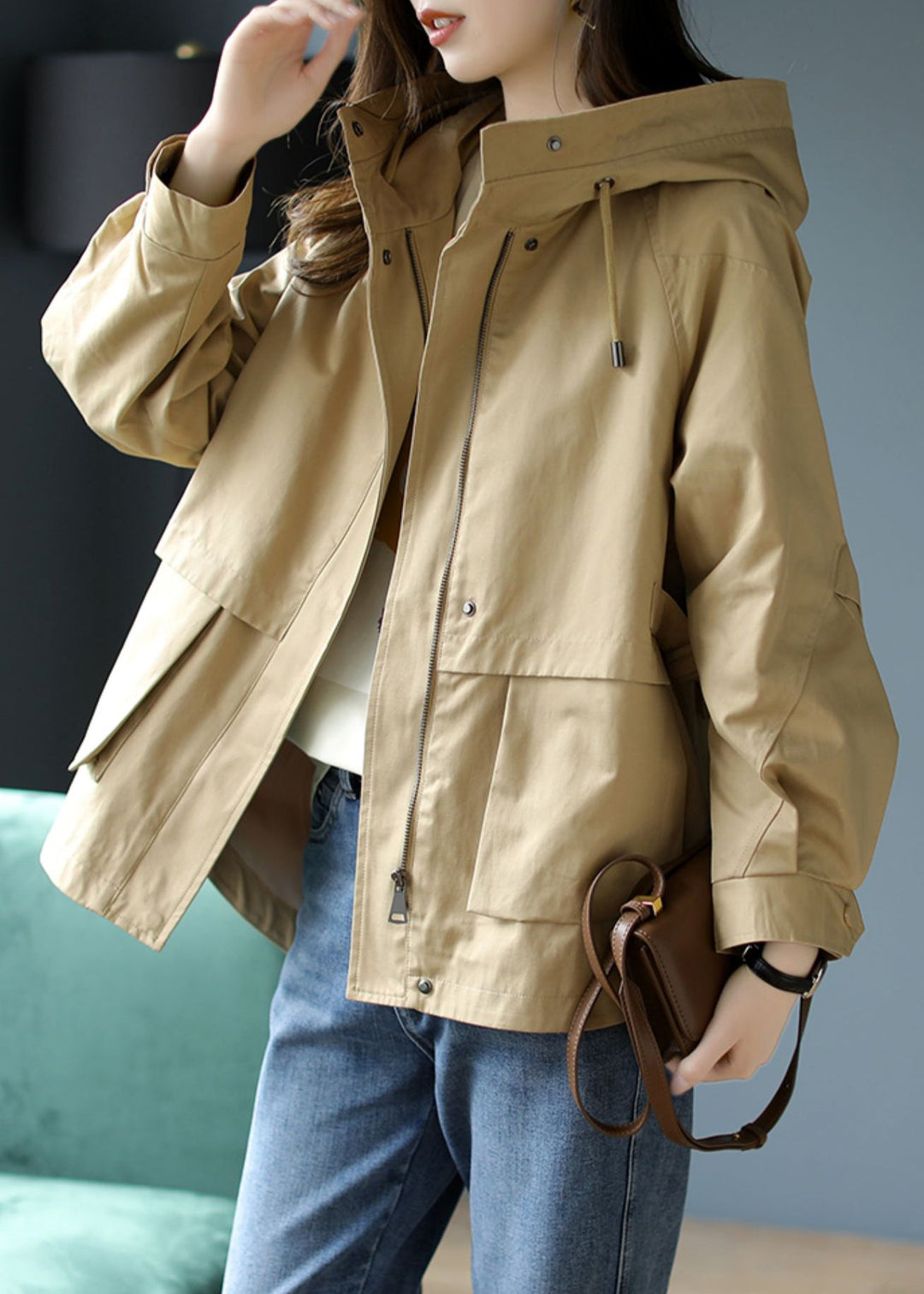Casual Khaki Hooded Patchwork Cotton Coat Spring