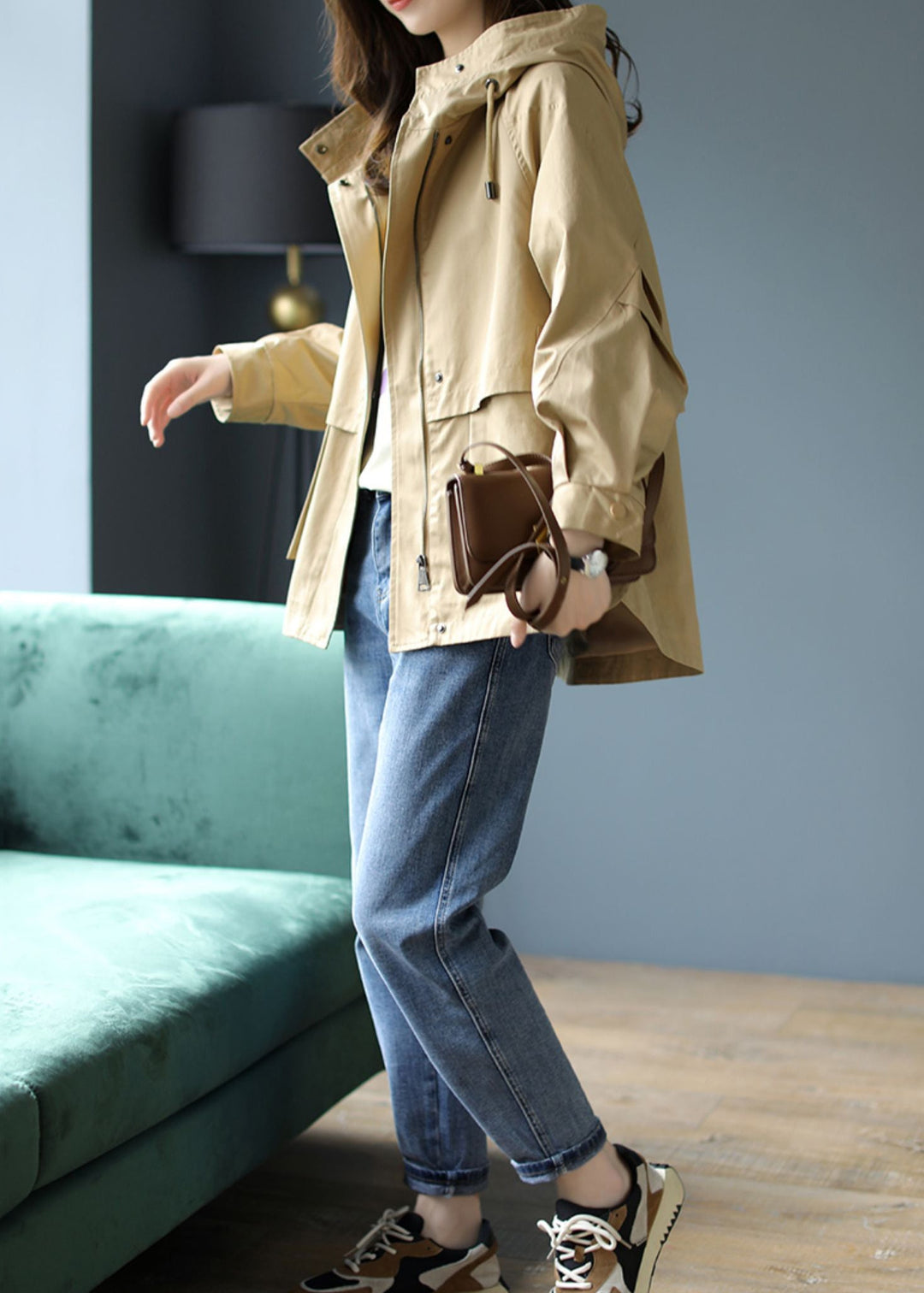 Casual Khaki Hooded Patchwork Cotton Coat Spring