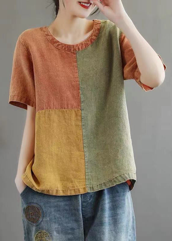 Casual Khaki O Neck Patchwork Cotton Top Short Sleeve