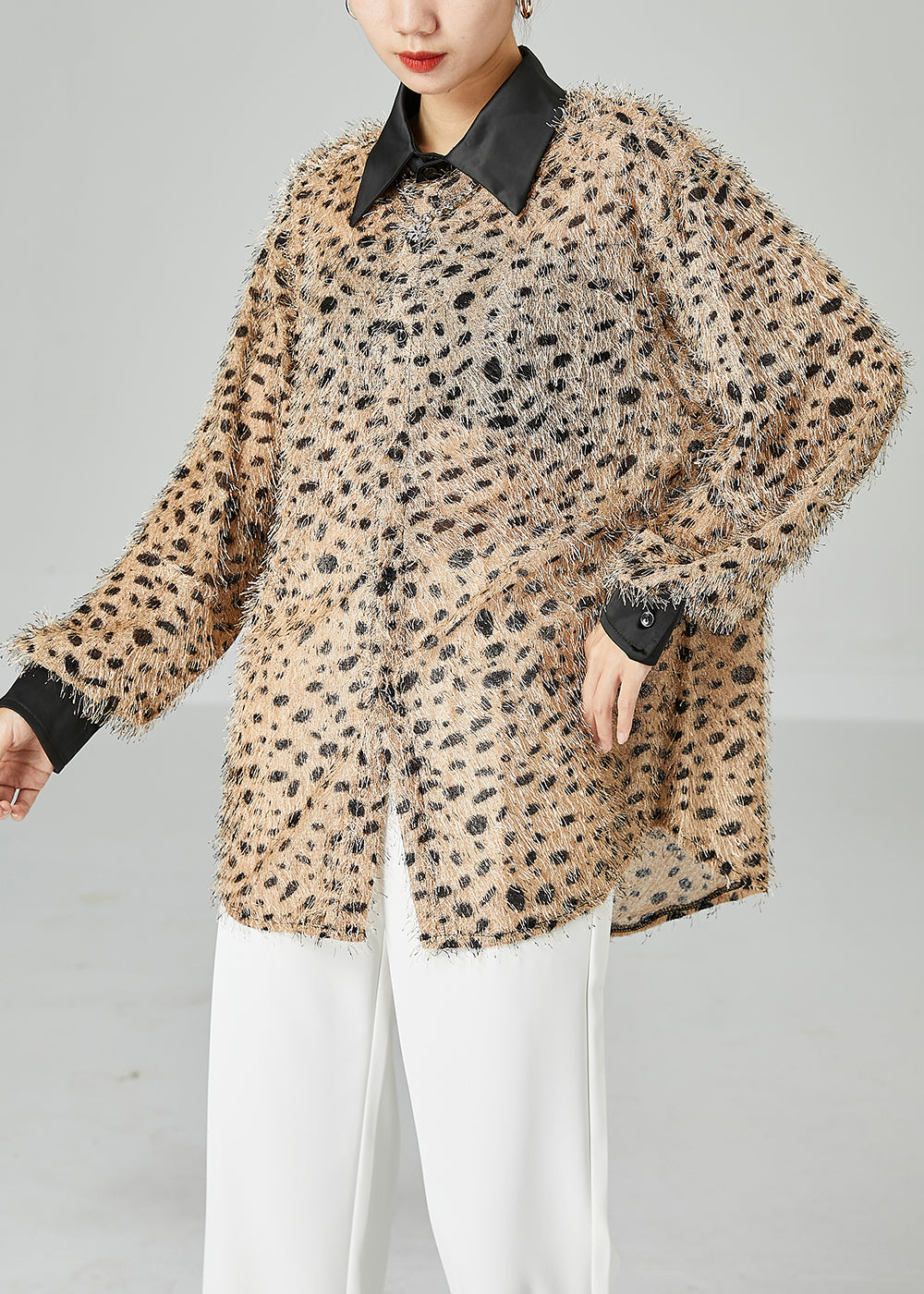 Casual Khaki Oversized Fluffy Leopard Print Top Long Sleeve