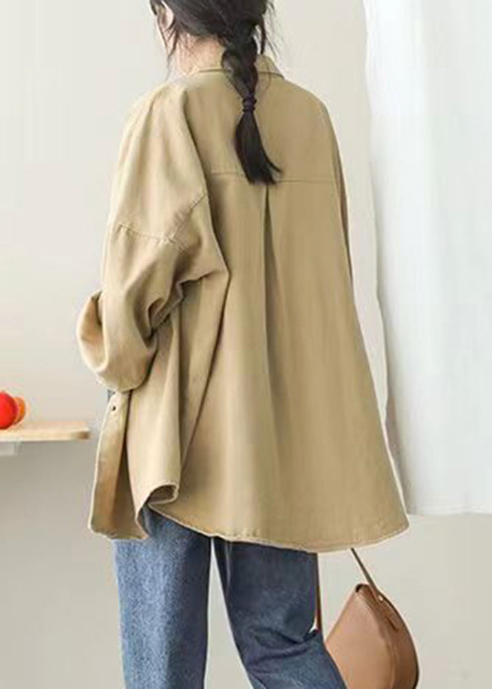 Casual Khaki Peter Pan Collar Pockets Button Mid Coat Lantern Sleeve