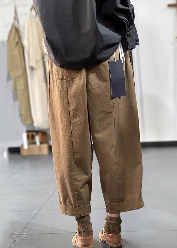 Casual Khaki Pockets Elastic Waist Cotton Crop Pants Fall
