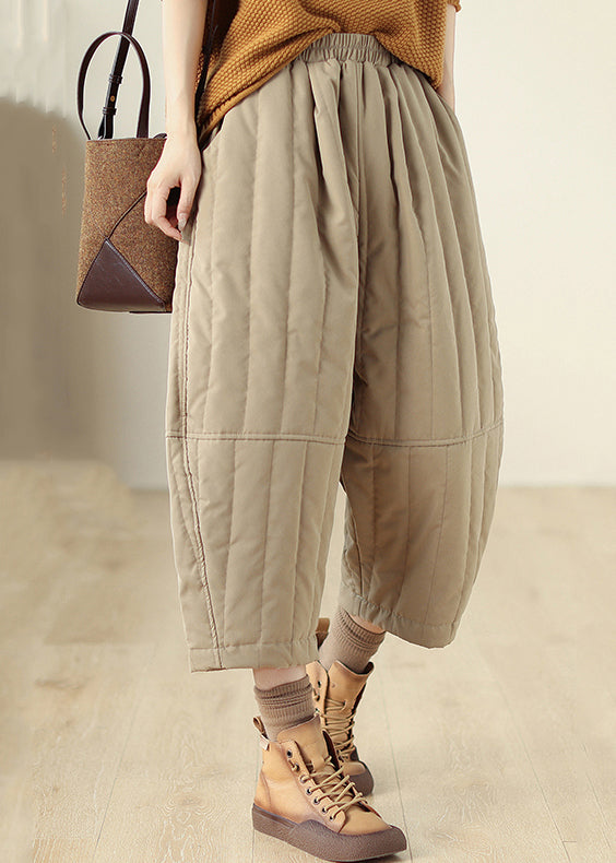 Casual Khaki Pockets Elastic Waist Fine Cotton Filled Crop Pants Winter