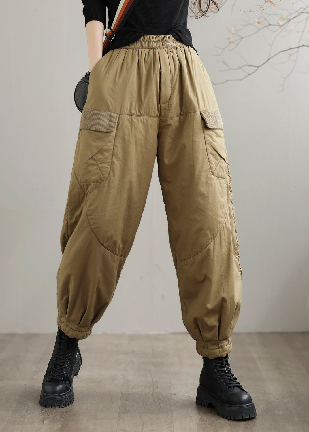 Casual Khaki Pockets Patchwork Fine Cotton Filled Pants Winter