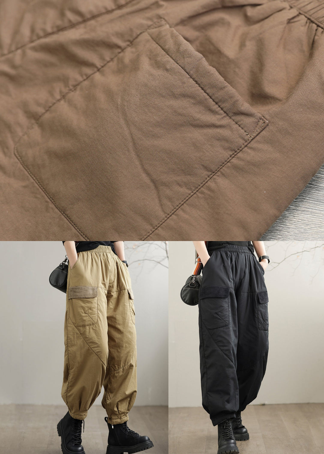 Casual Khaki Pockets Patchwork Fine Cotton Filled Pants Winter