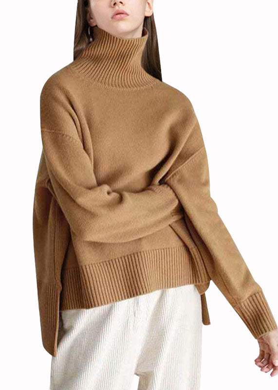 Casual Khaki Turtle Neck Low High Design Cozy Wool Knit Pullover Winter