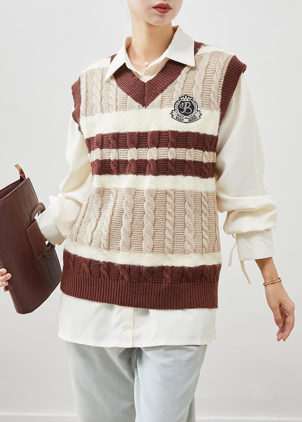 Casual Khaki V Neck Patchwork Knit Vest And Shirt Two Pieces Set Winter