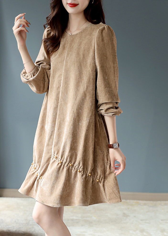 Casual Khaki Wrinkled Nail Bead Velour Mid Dresses Spring