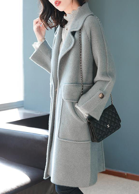 Casual Light Blue Lapel Pockets Thick Woolen Trench Fall