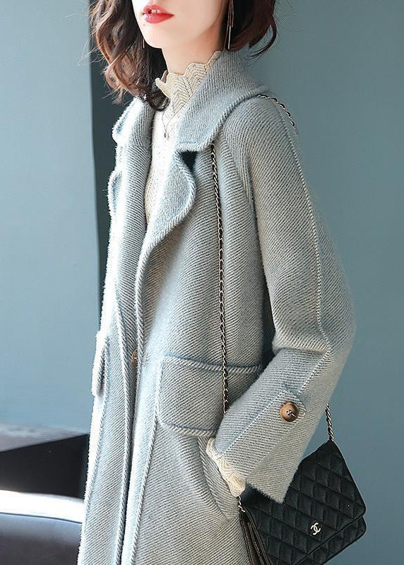 Casual Light Blue Lapel Pockets Thick Woolen Trench Fall