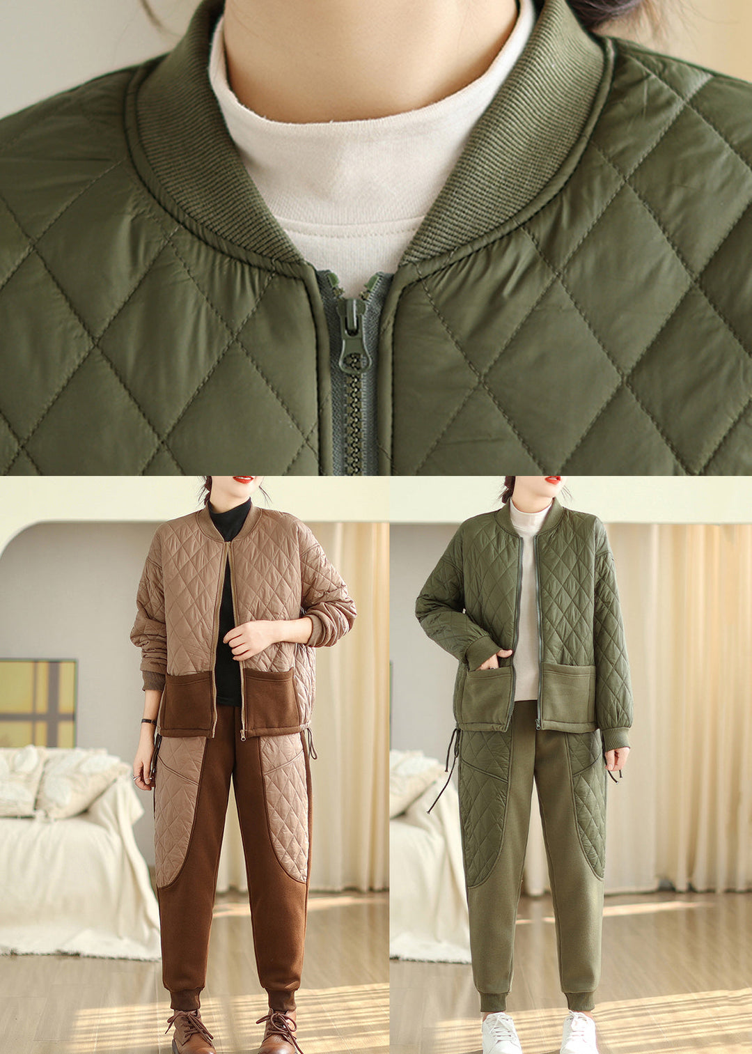 Casual Light Brown Fine Cotton Filled Sport Two Piece Set Winter