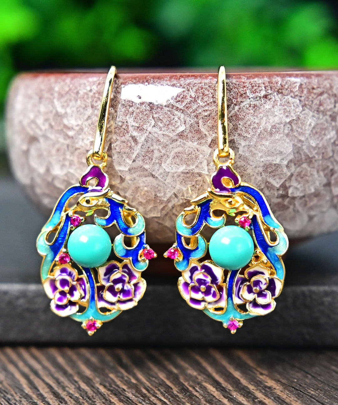 Casual Light Green Sterling Silver Overgild Cloisonne Turquoise Drop Earrings