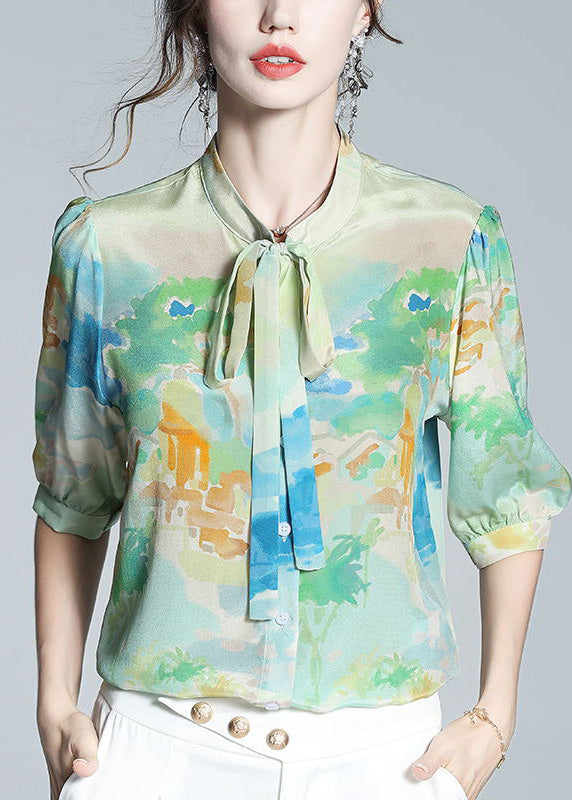 Casual Light Green V Neck Print Bow Button Silk Shirt Short Sleeve