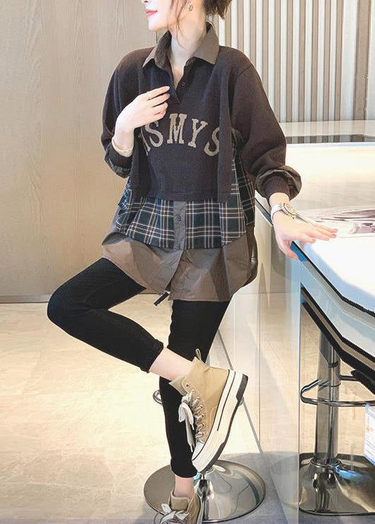 Casual Loose Brown False Two Pieces Patchwork Cotton Shirt Top Fall