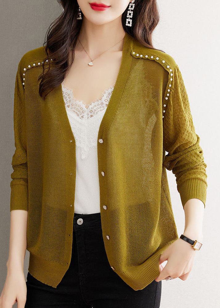 Casual Matcha Colour V Neck Nail Bead Button Ice Size Knit Cardigan Summer