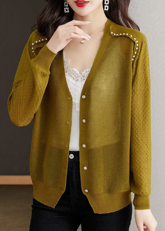 Casual Matcha Colour V Neck Nail Bead Button Ice Size Knit Cardigan Summer