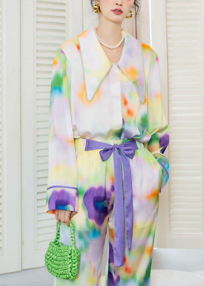 Casual Multicolour Peter Pan Collar Tie Dye Ice Silk Pajamas Two Pieces Set Spring