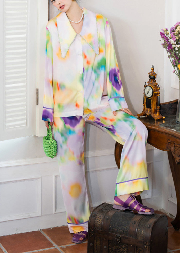 Casual Multicolour Peter Pan Collar Tie Dye Ice Silk Pajamas Two Pieces Set Spring