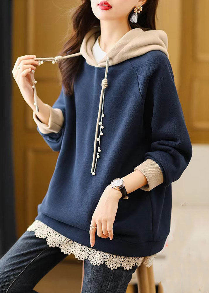 Casual Navy Blue Drawstring Lace Patchwork Fleece Hoodie Sweatshirt Fall