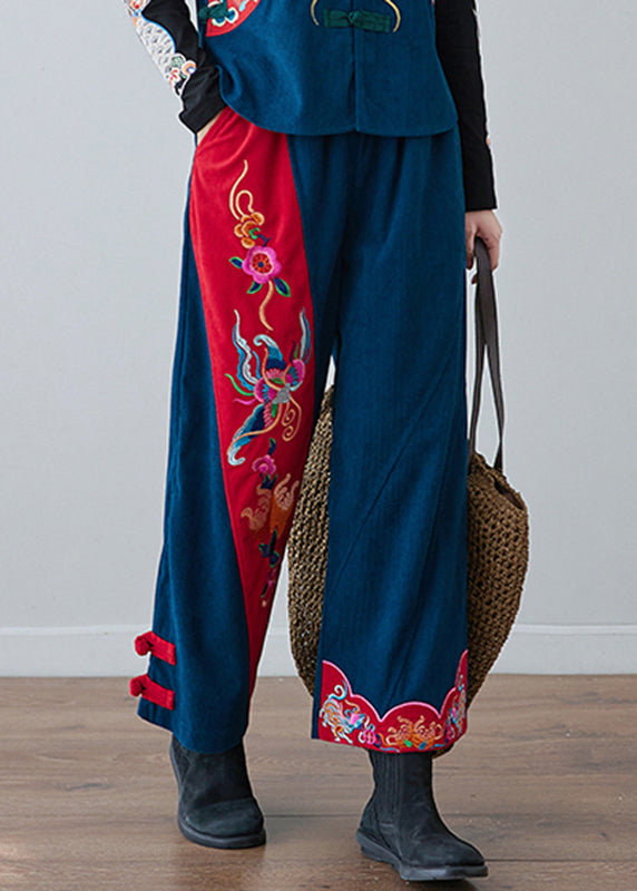 Casual Navy Embroideried Floral Pockets Elastic Waist Crop Pants Fall