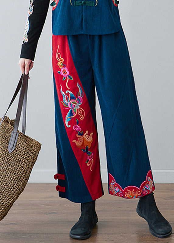 Casual Navy Embroideried Floral Pockets Elastic Waist Crop Pants Fall