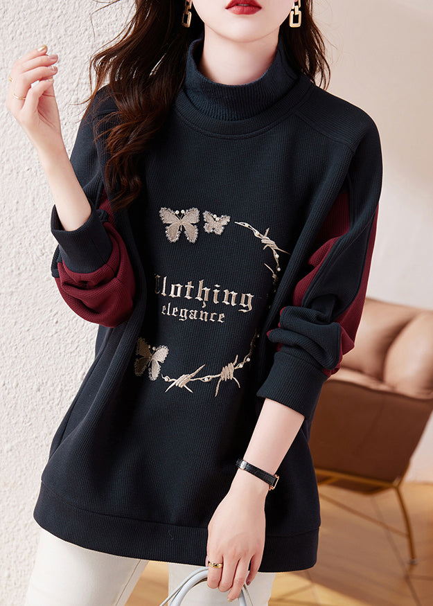 Casual Navy Embroideried Patchwork Warm Fleece Sweatshirt Streetwear Winter