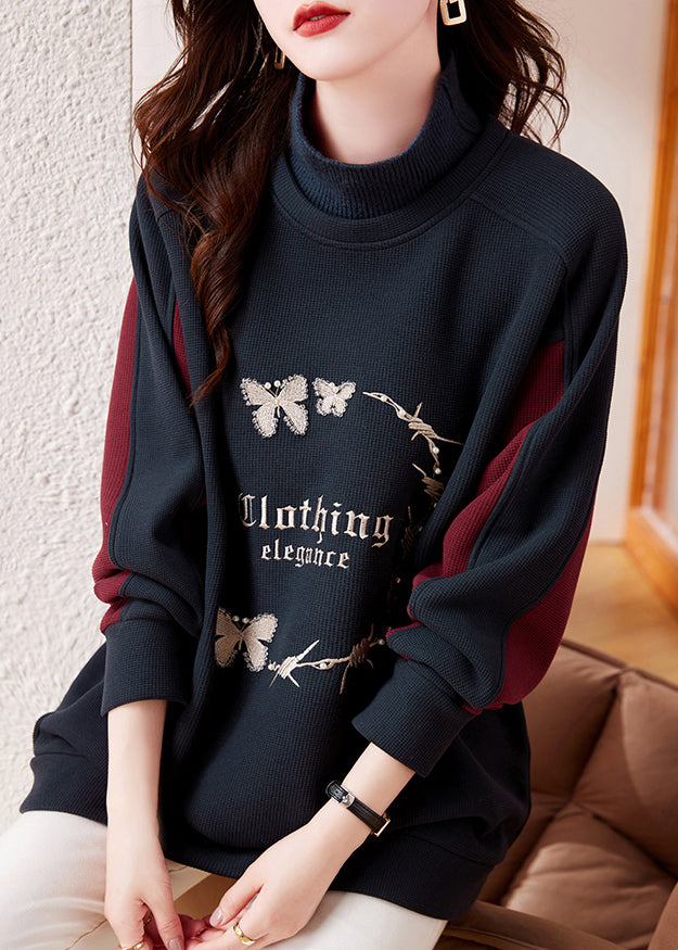 Casual Navy Embroideried Patchwork Warm Fleece Sweatshirt Streetwear Winter