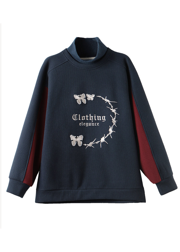 Casual Navy Embroideried Patchwork Warm Fleece Sweatshirt Streetwear Winter