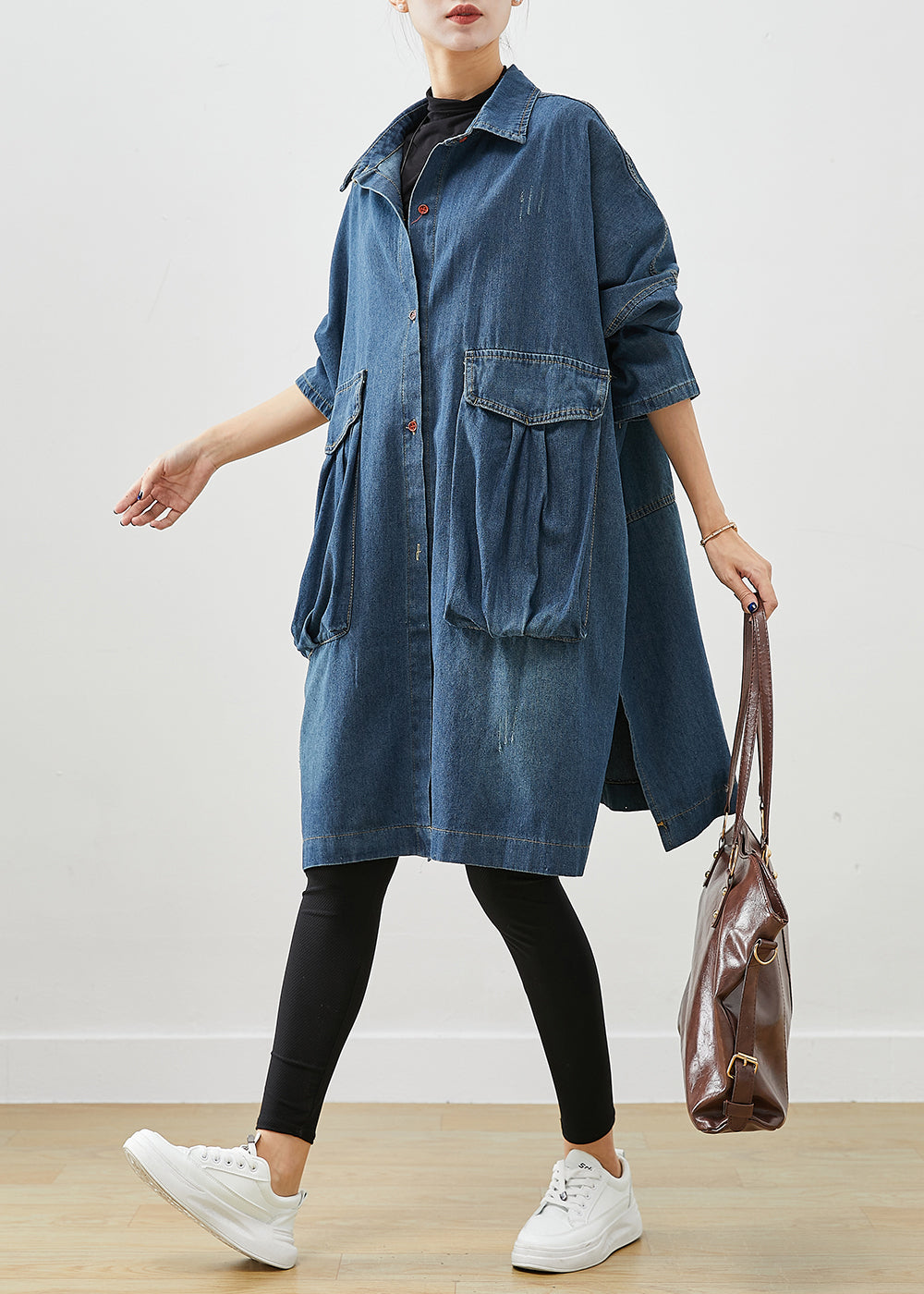 Casual Navy Oversized Big Pockets Denim Trench Fall