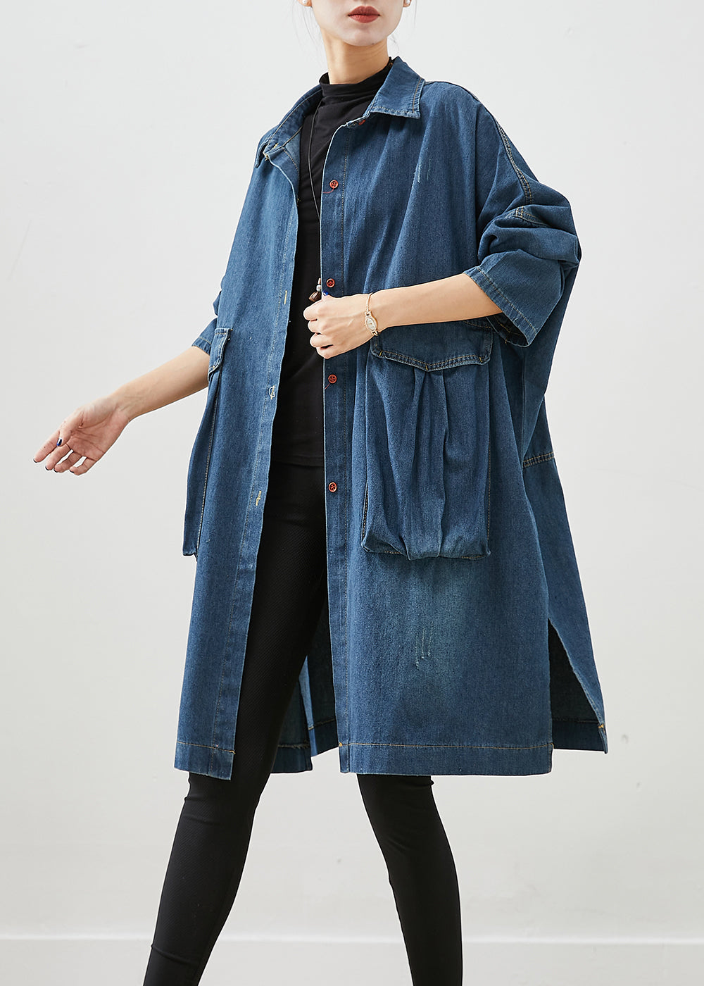 Casual Navy Oversized Big Pockets Denim Trench Fall