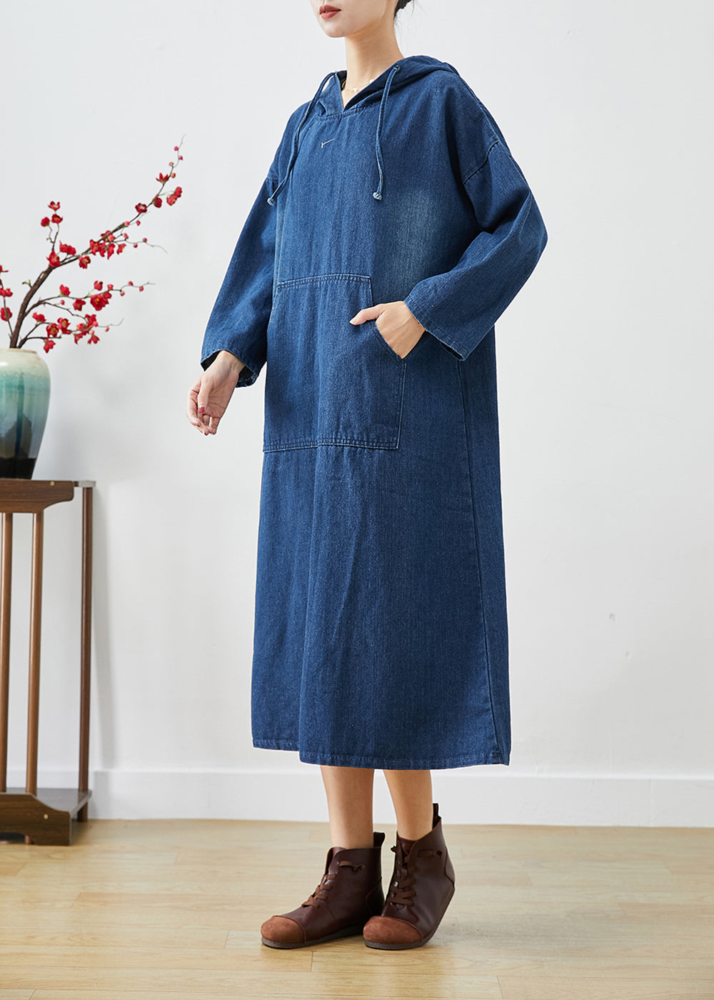 Casual Navy Oversized Hooded Denim Vacation Dresses Fall