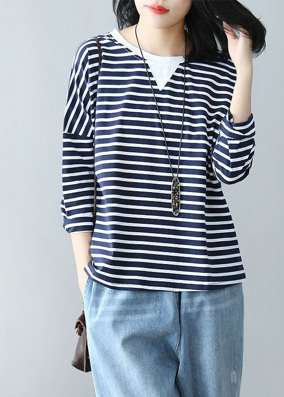 Casual Navy Oversized Patchwork Striped Cotton Top Spring