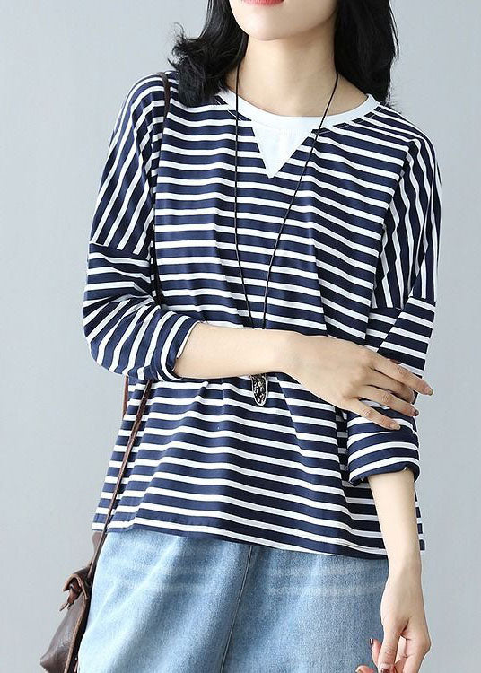 Casual Navy Oversized Patchwork Striped Cotton Top Spring