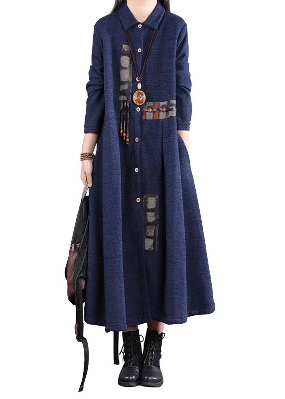 Casual Navy Peter Pan Collar Patchwork Warm Fleece Long Dress Winter