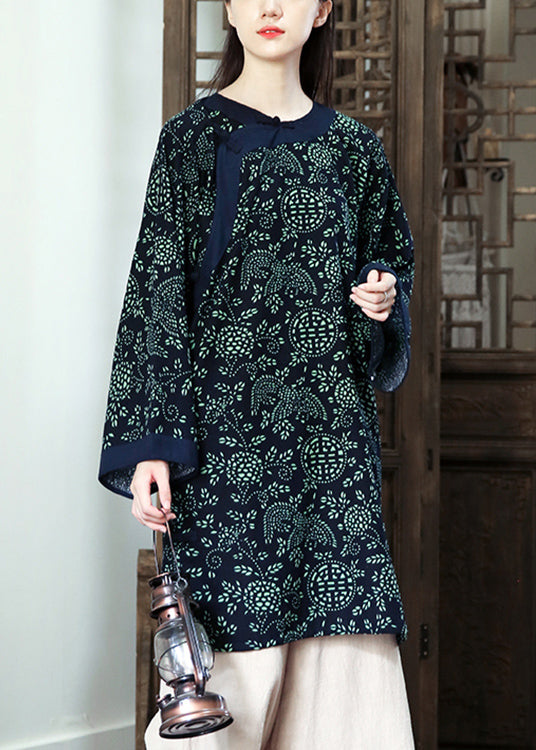 Casual Navy Print  Button Patchwork Cotton Mid Dress Fall