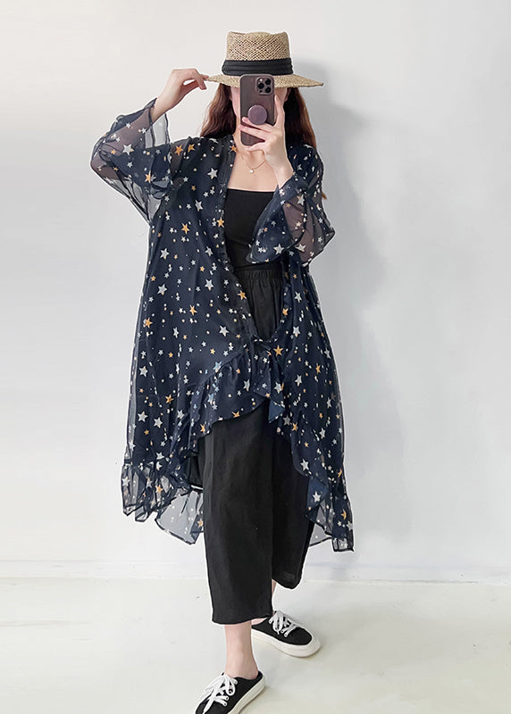 Casual Navy Ruffled Print Chiffon UPF 50+ Cardigan Summer