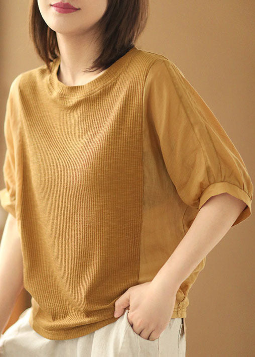 Casual Navy Solid Color O-Neck Knit Patchwork Linen Shirt Short Sleeve