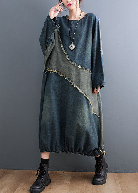 Casual O-Neck Drawstring Patchwork Denim Maxi Dresses Fall