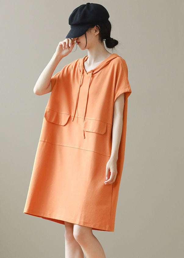 Casual Orange Hooded Patchwork Cotton Pullover Streetwear Dress Summer