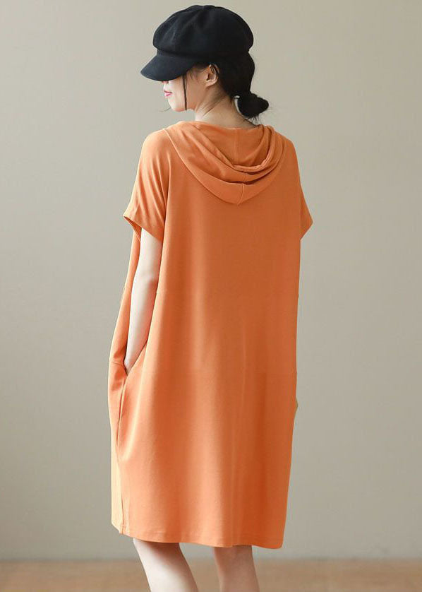 Casual Orange Hooded Patchwork Cotton Pullover Streetwear Dress Summer