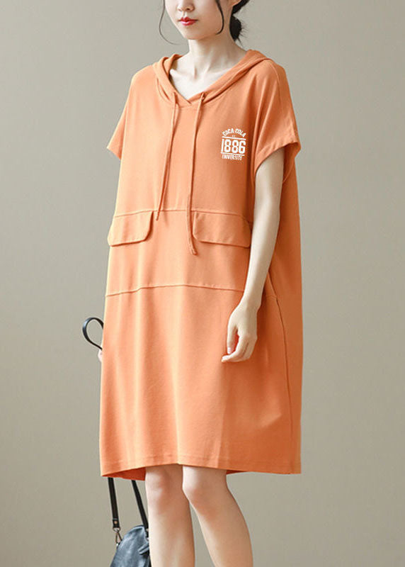 Casual Orange Hooded Patchwork Cotton Pullover Streetwear Dress Summer