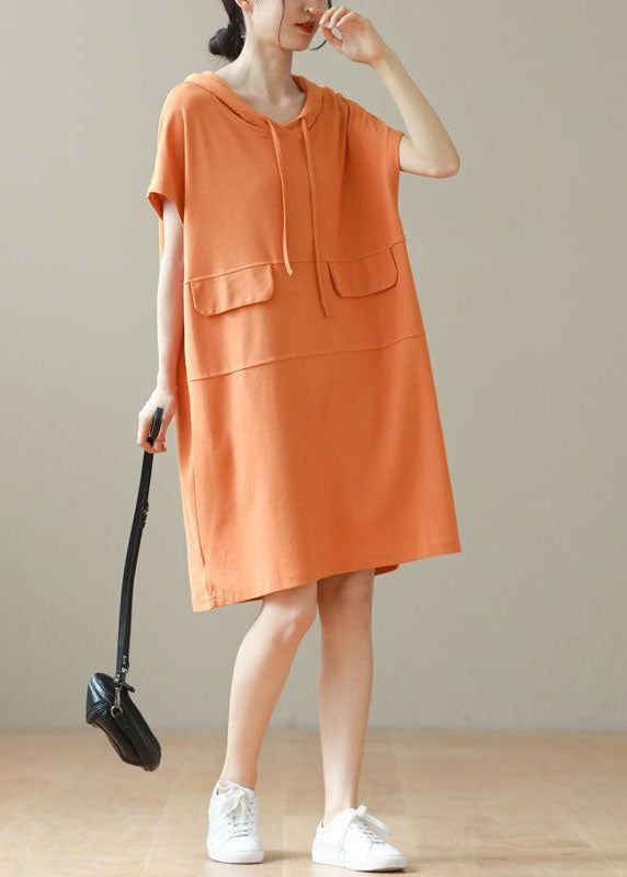 Casual Orange Hooded Patchwork Cotton Pullover Streetwear Dress Summer