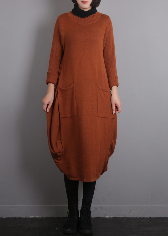 Casual Orange O-Neck Knit Cotton Thread Sweater Dress Fall