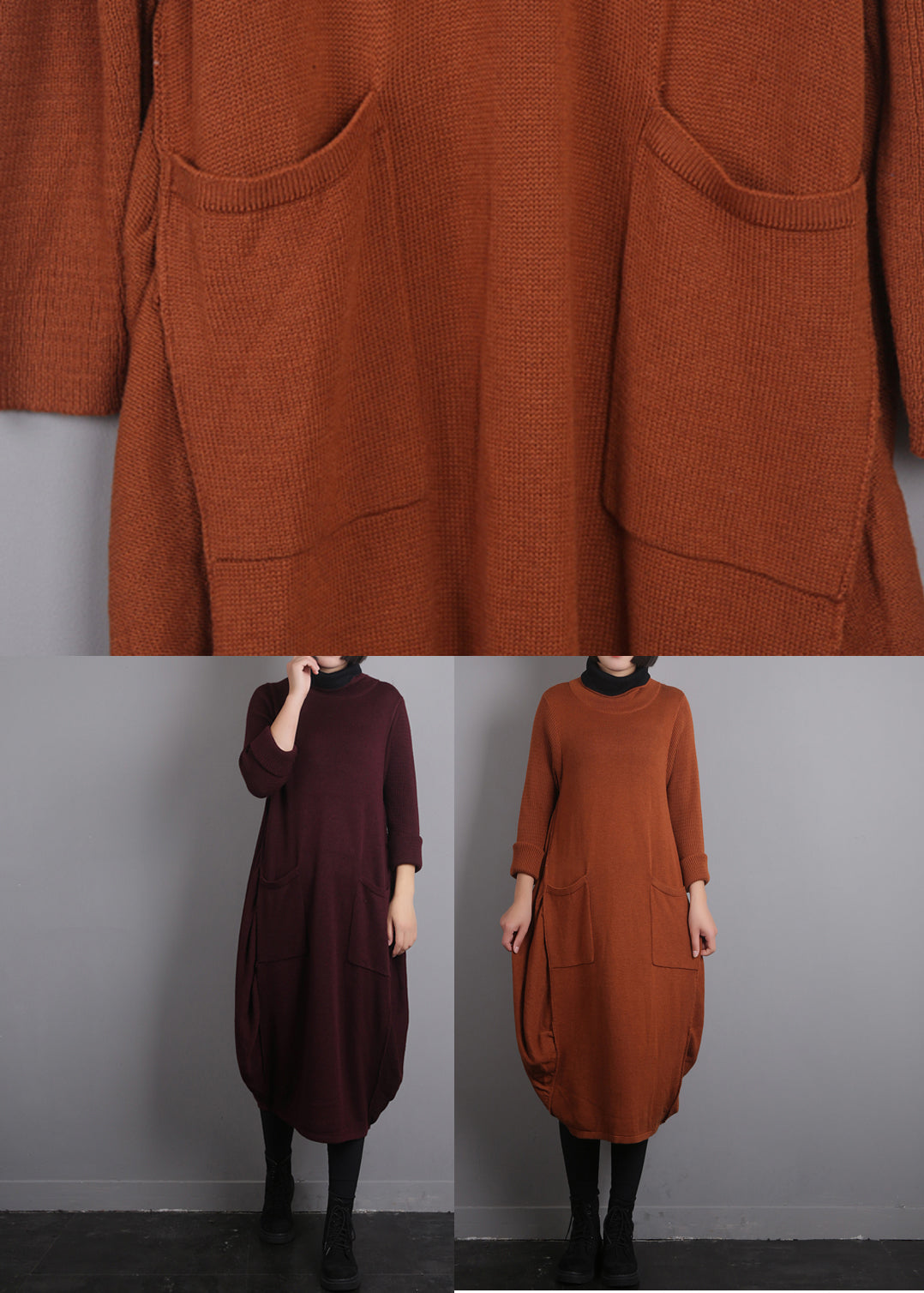 Casual Orange O-Neck Knit Cotton Thread Sweater Dress Fall