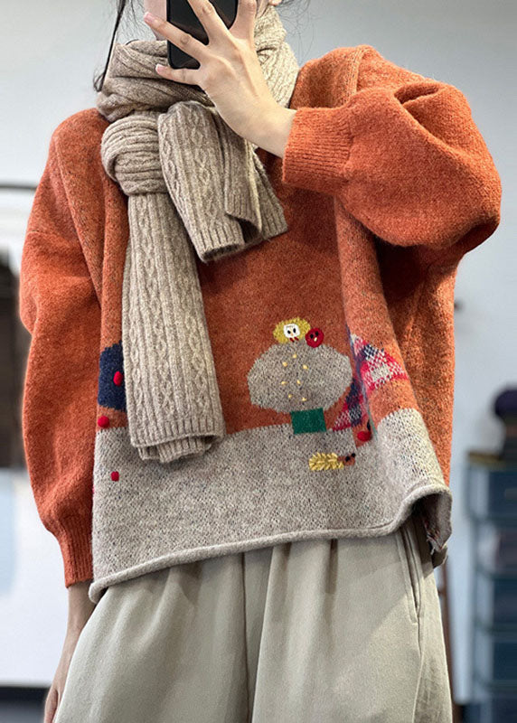 Casual Orange O-Neck Oversized Cartoon Print Knitted Tops